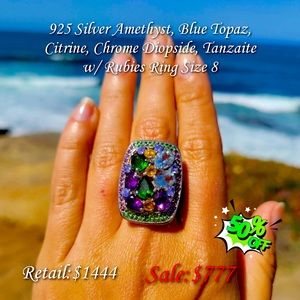 925 Sterling Silver Ring w/ Amethyst/Topaz/Citrine/Diopside/Tanzanite & Rubies!